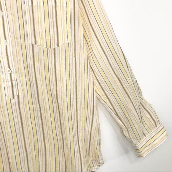 Lucky Brand Cream Brown Pinstripe Cotton Half Button Roll Sleeve Tunic Blouse - Picture 7 of 14